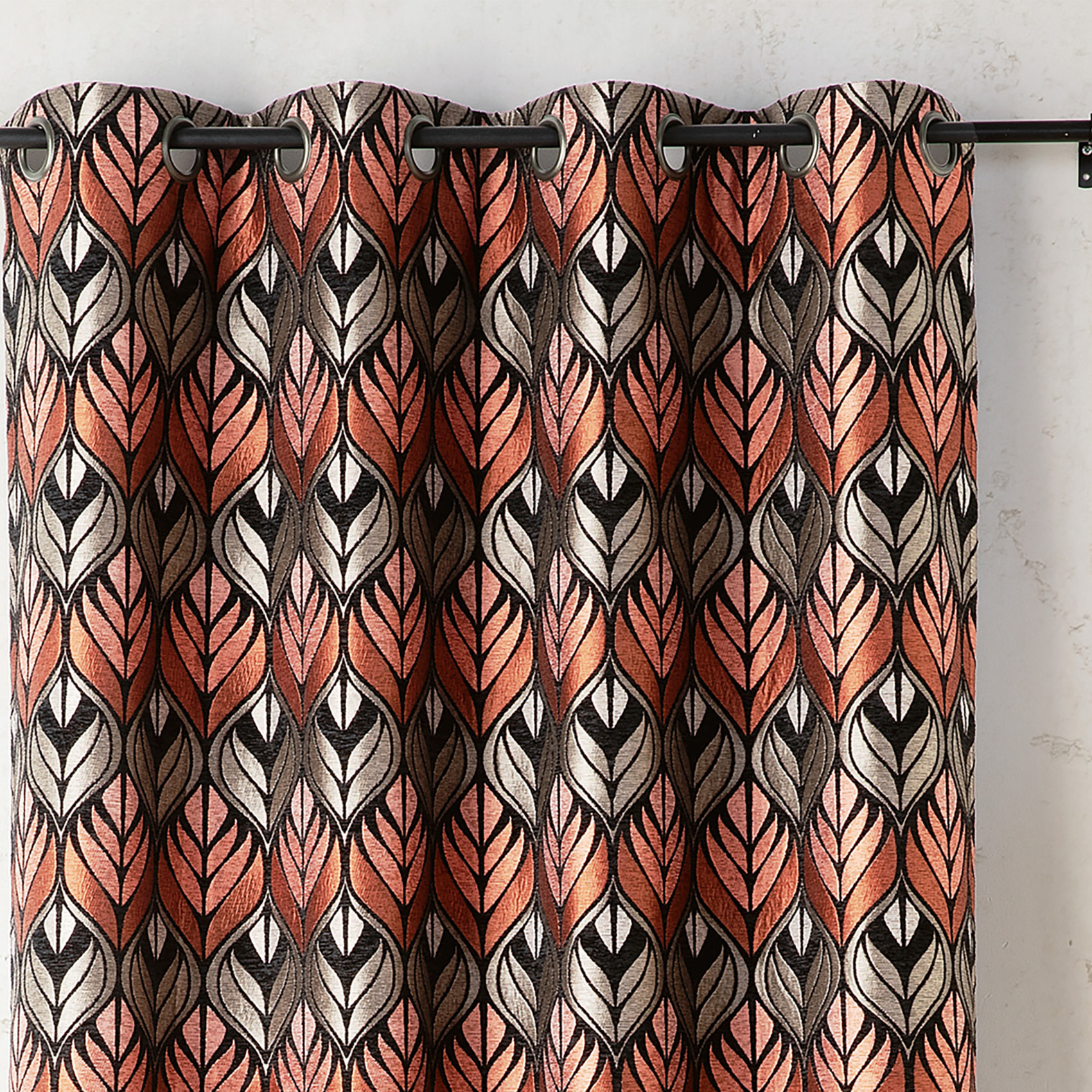 Rideau motif art déco  - Effet velours à oeillets - Orange corail