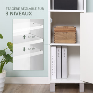 Meuble colonne de salle de bain 2 portes 2 étagères réglables 2 niches miroir piètement poignées métal panneaux blanc