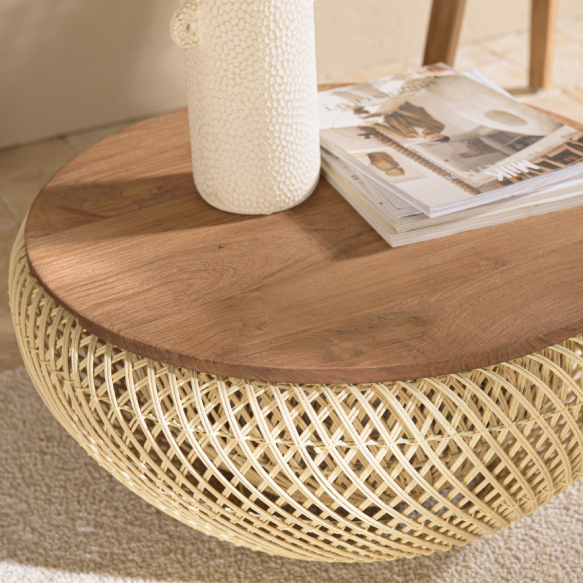 ALIDA - Table basse ronde 65x65cm en rotin beige plateau amovible