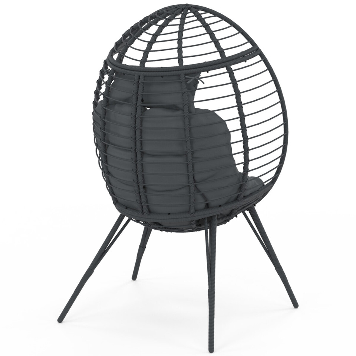 Fauteuil œuf sur pied effet rotin gris avec coussin