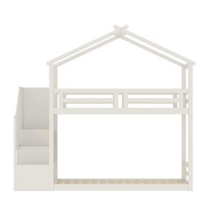Lit cabane superposé avec escalier en bois "Oriana" - 90 x 190 cm - Beige