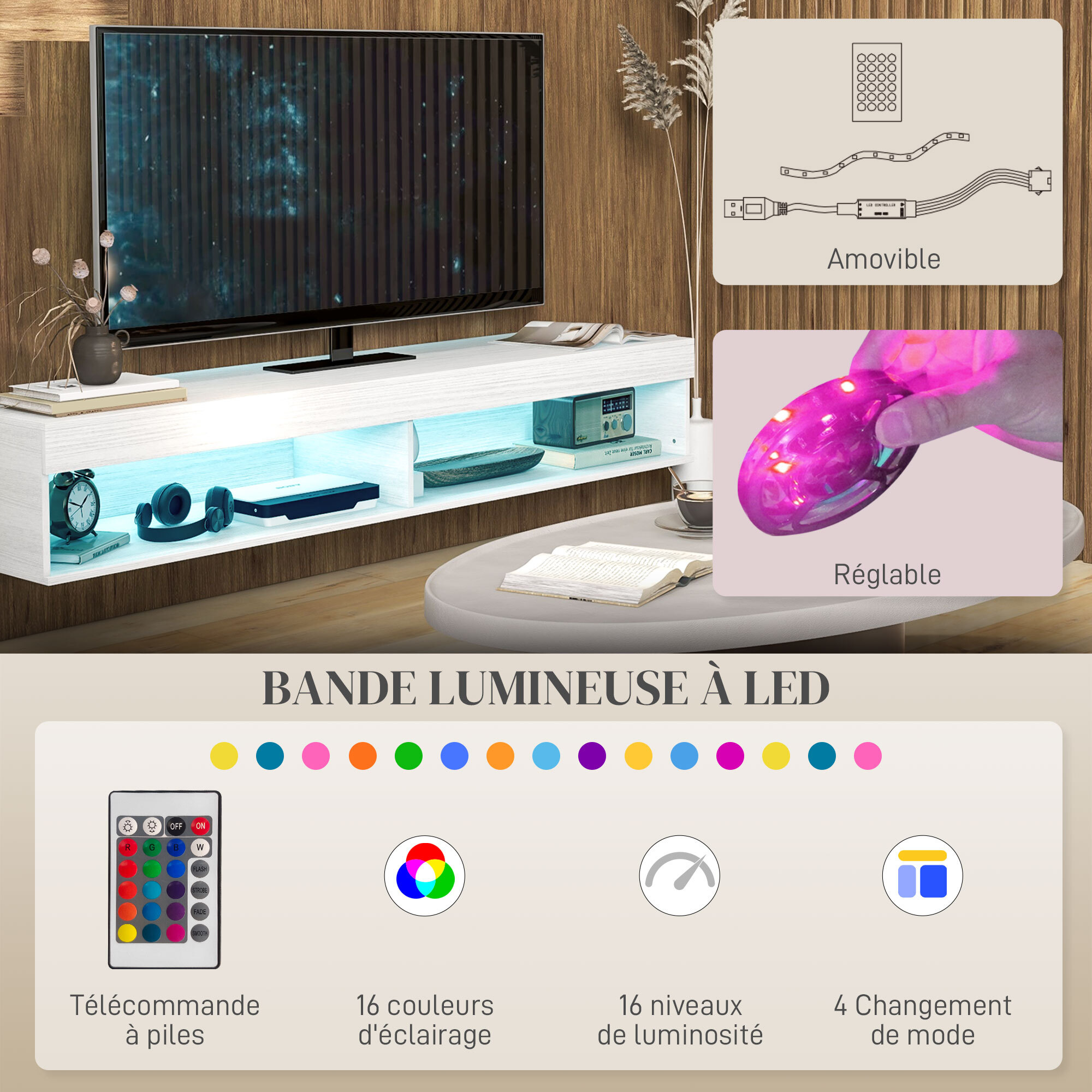 Meuble TV design LED suspendu mural - 75 pouces max. - 2 niches - dim. 180L x 40l x 30H cm - aspect bois blanc