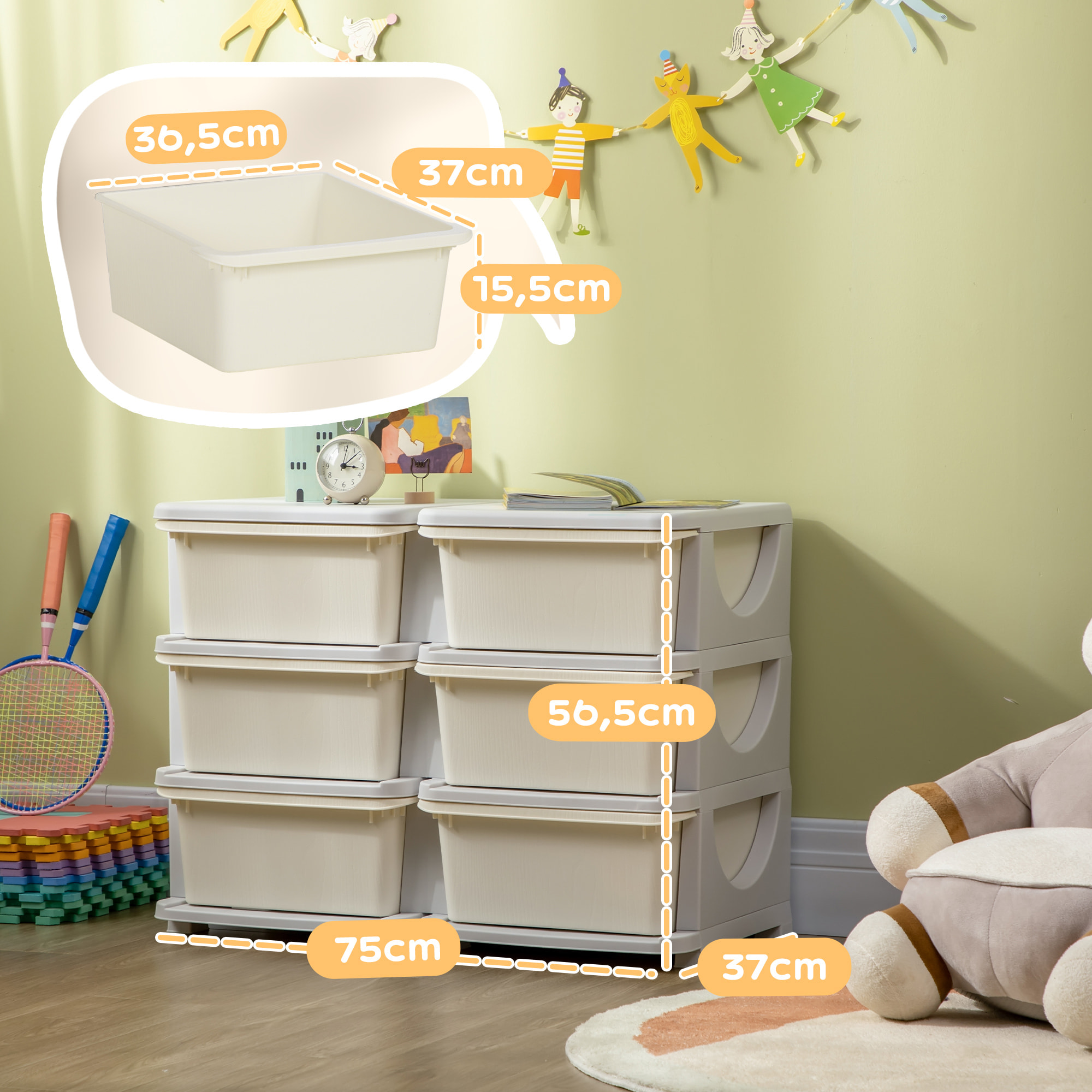 Torre de Almacenamiento Infantil con 6 Cajones, Organizador de Juguetes para Niños de +3 Años, con Bordes Redondeados y Asas, para Guardería, Sala de Juegos, Dormitorio, 75x37x56,5 cm, Crema