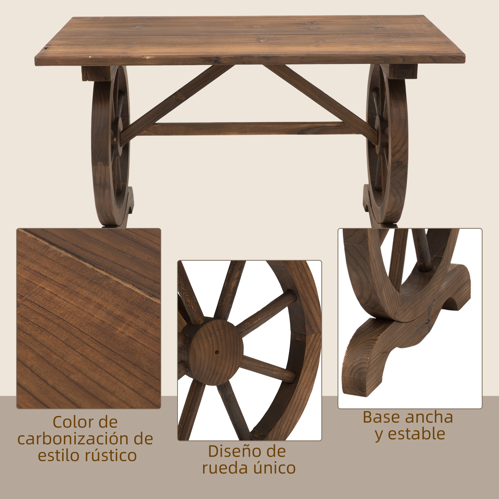 Mesa de Jardín de Madera Mesa de Terraza Exterior 110x60x65 cm con Patas en Forma de Rueda Carga 100 kg Mesa para Exterior Patio Madera Carbonizada