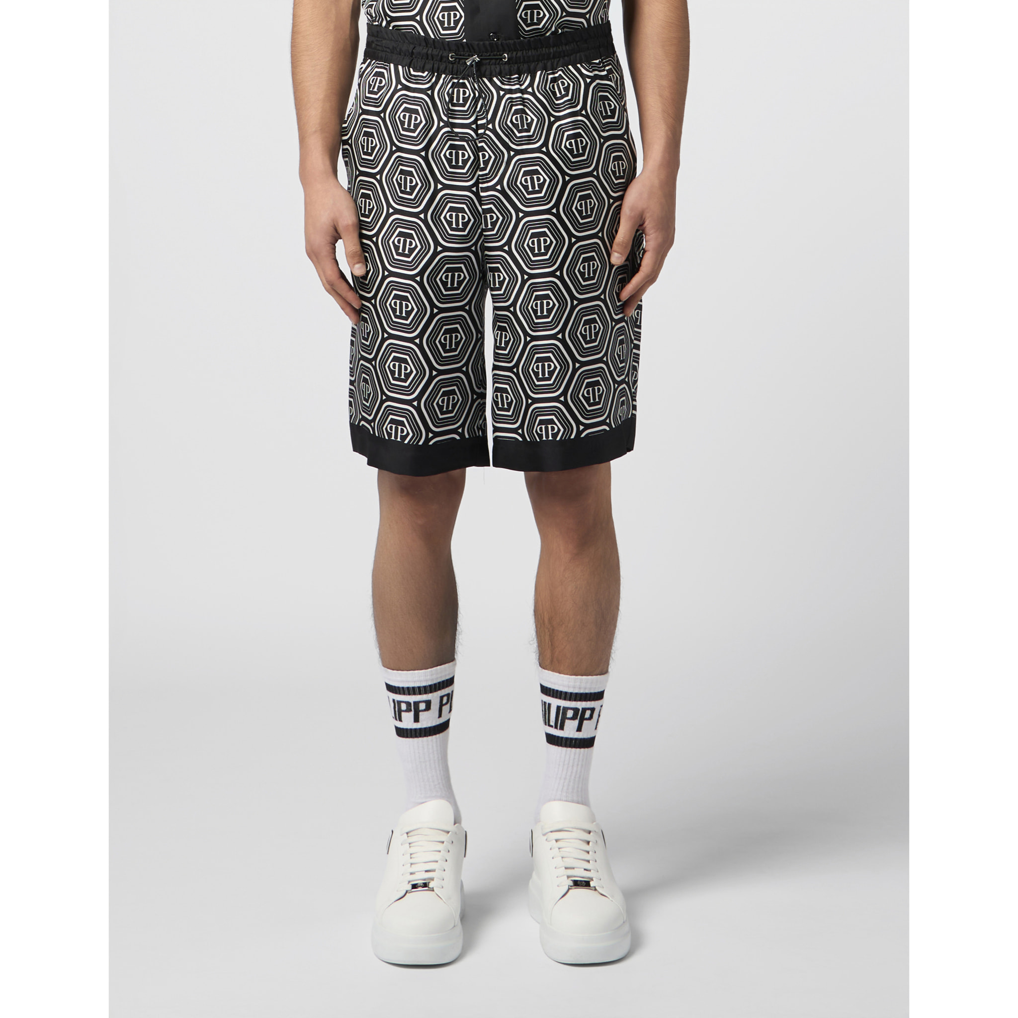 PHILIPP PLEIN Silk Drawstring Shorts Monogram 70's