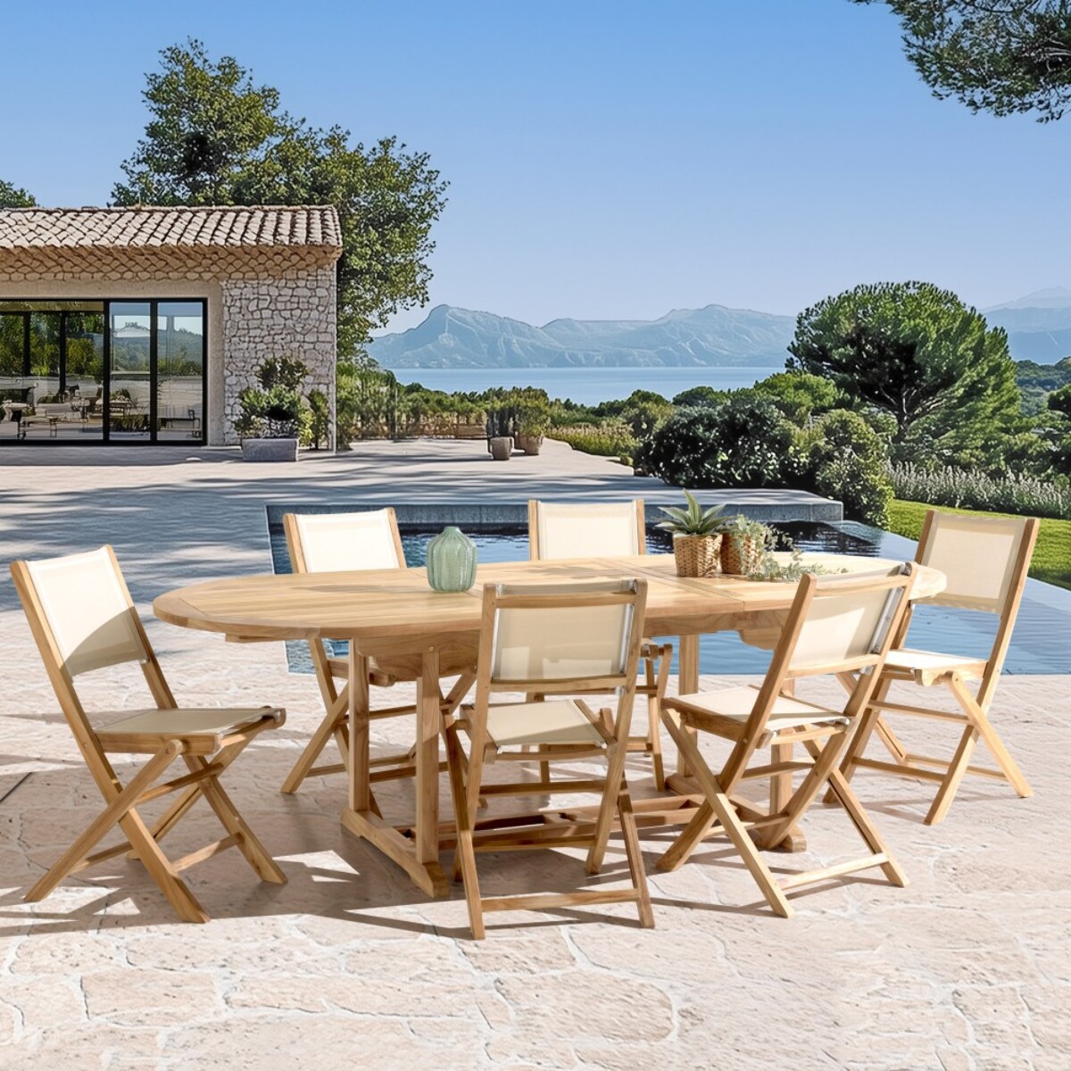 FUN - Ensemble de jardin en bois teck et textilène 8/10 personnes