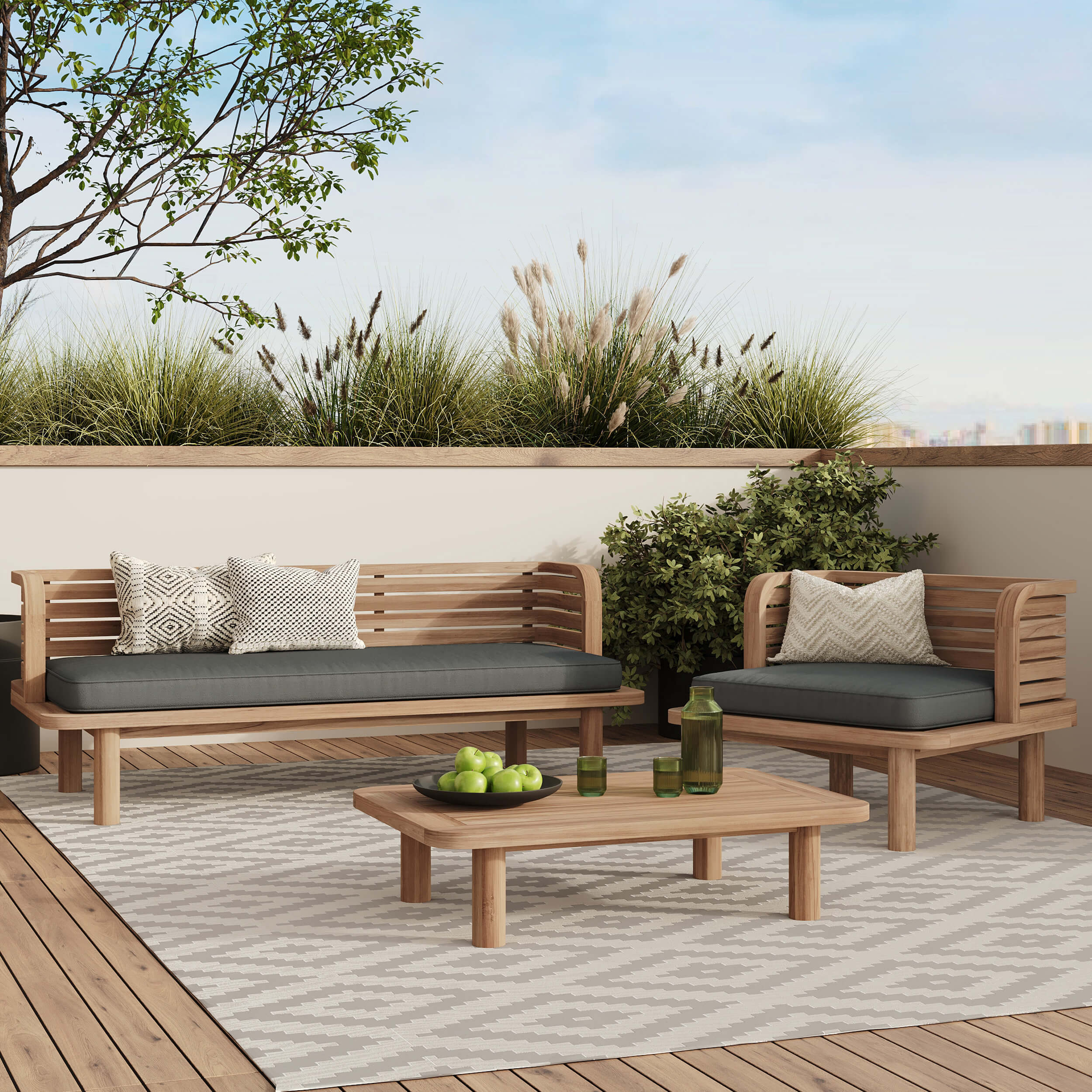Fauteuil de jardin en teck massif et coussin gris - Kilda