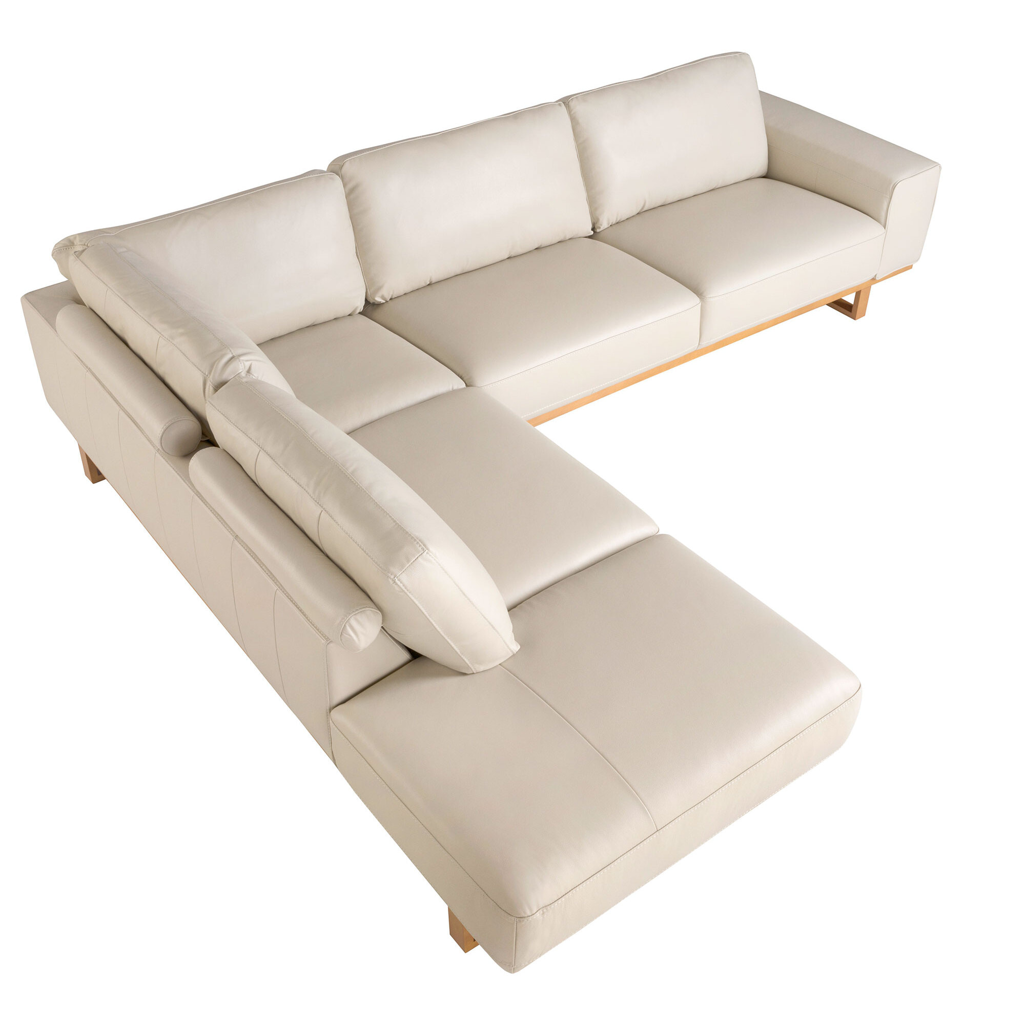 Sofá rinconera Angel Cerdá izquierda de 5 plazas tapizado en piel de origen vacuno en arena patas de madera en miel 316x252x82cm