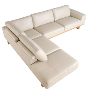 Sofá rinconera Angel Cerdá izquierda de 5 plazas tapizado en piel de origen vacuno en arena patas de madera en miel 316x252x82cm