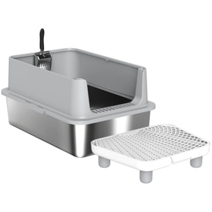 Bac à litière acier inox parois latérales hautes pédale tapis filtrants anti-dispersion pelle