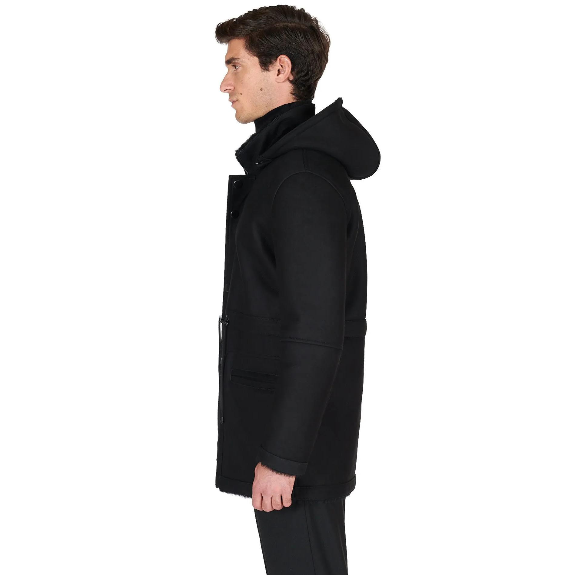 Cappotto Montone Shearling nero con cappuccio staccabile