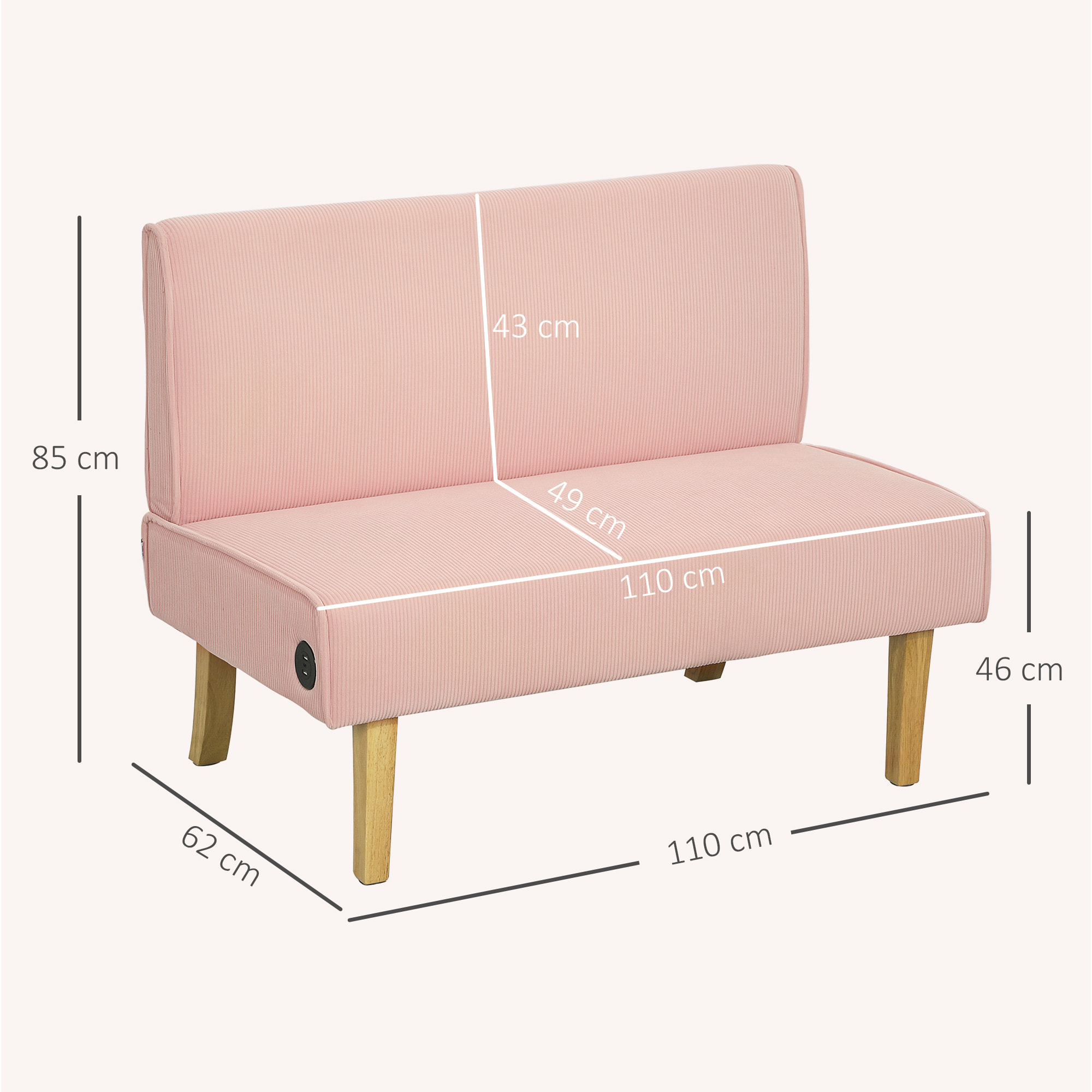 Sofá de 2 Plazas Tapizado en Pana Sofá de Salón sin Brazos con 2 Puertos USB 1 Puerto Tipo-C y Patas de Madera Sofá Pequeño Carga 240 kg 110x60x85 cm Rosa