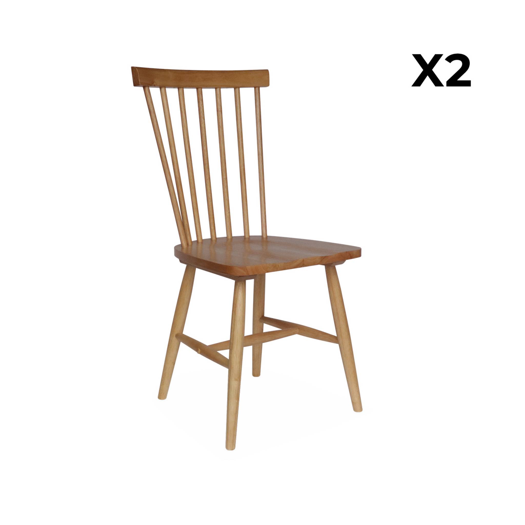 Lot de 2 chaises naturelles à barreaux en bois d'hévéa. ROMIE. L 50.8 x P 44.2 x H 90cm