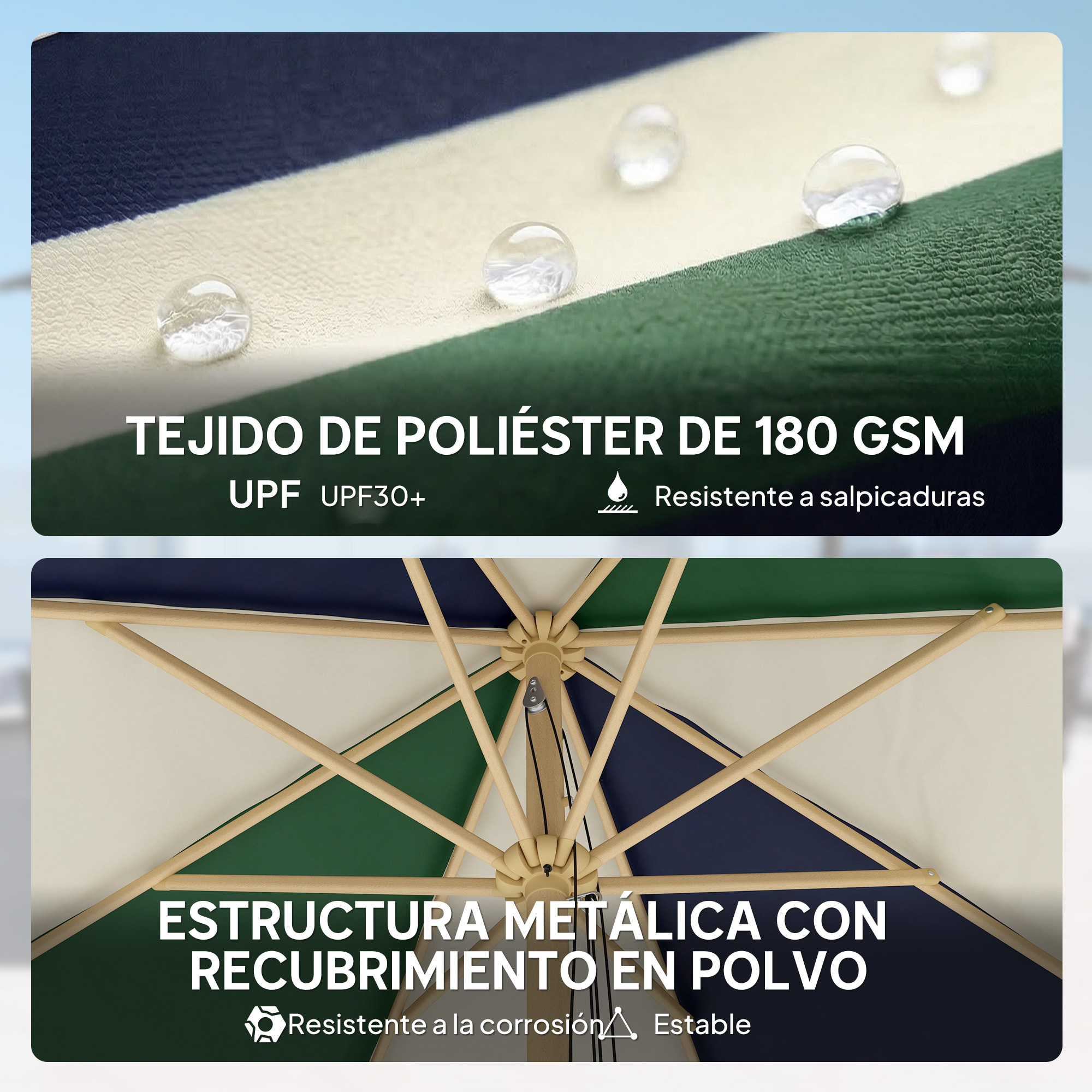 Sombrilla Terraza Exterior, Ø2,3 m, Sombrilla de Jardín con Marco de Efecto Madera, Polea con Cuerda, Dosel Bicolor, UPF30+, Parasol para Playa, Patio, Terraza, Verde Oscuro