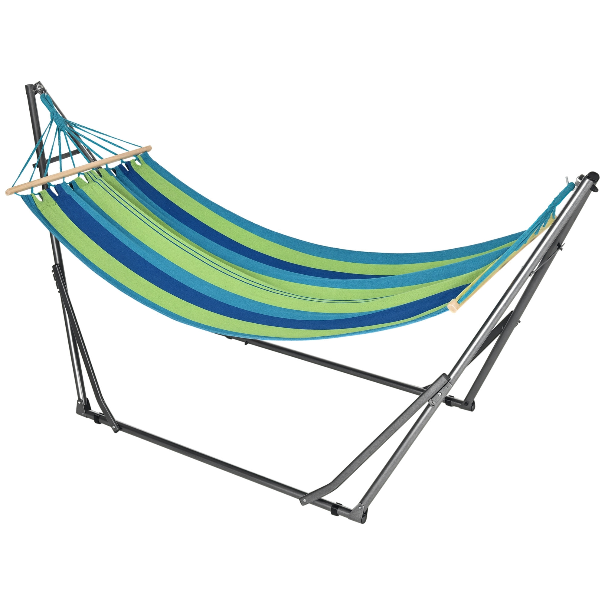 Hamaca con Soporte Plegable 2 en 1, Tendedero con Barra, Estructura de Acero, Hamaca de Camping Portátil de Algodón, Carga 120 kg, para Jardín, Patio, Terraza, 270x100x94 cm, Azul y Verde