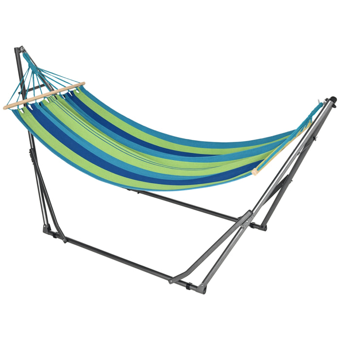 Hamaca con Soporte Plegable 2 en 1, Tendedero con Barra, Estructura de Acero, Hamaca de Camping Portátil de Algodón, Carga 120 kg, para Jardín, Patio, Terraza, 270x100x94 cm, Azul y Verde