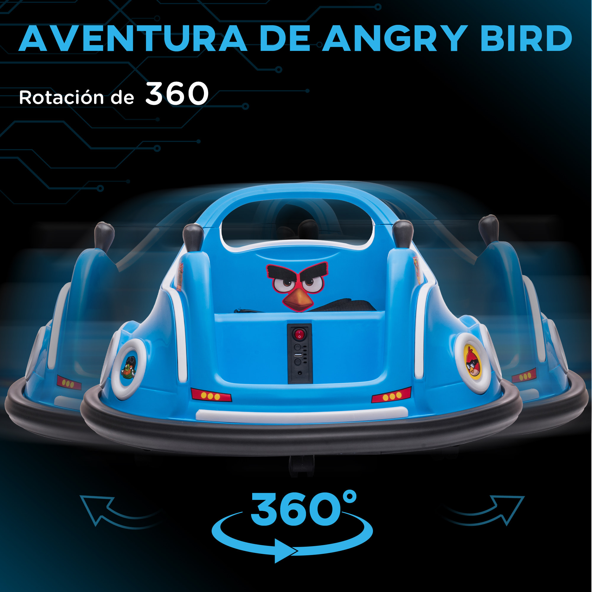 Coche de Parachoques Eléctrico para Niños Coche de Choque con Licencia de Angry Birds Batería 12 V Mando a Distancia Joystick Rotación de 360° Coche Eléctrico con Luces LED Música Azul