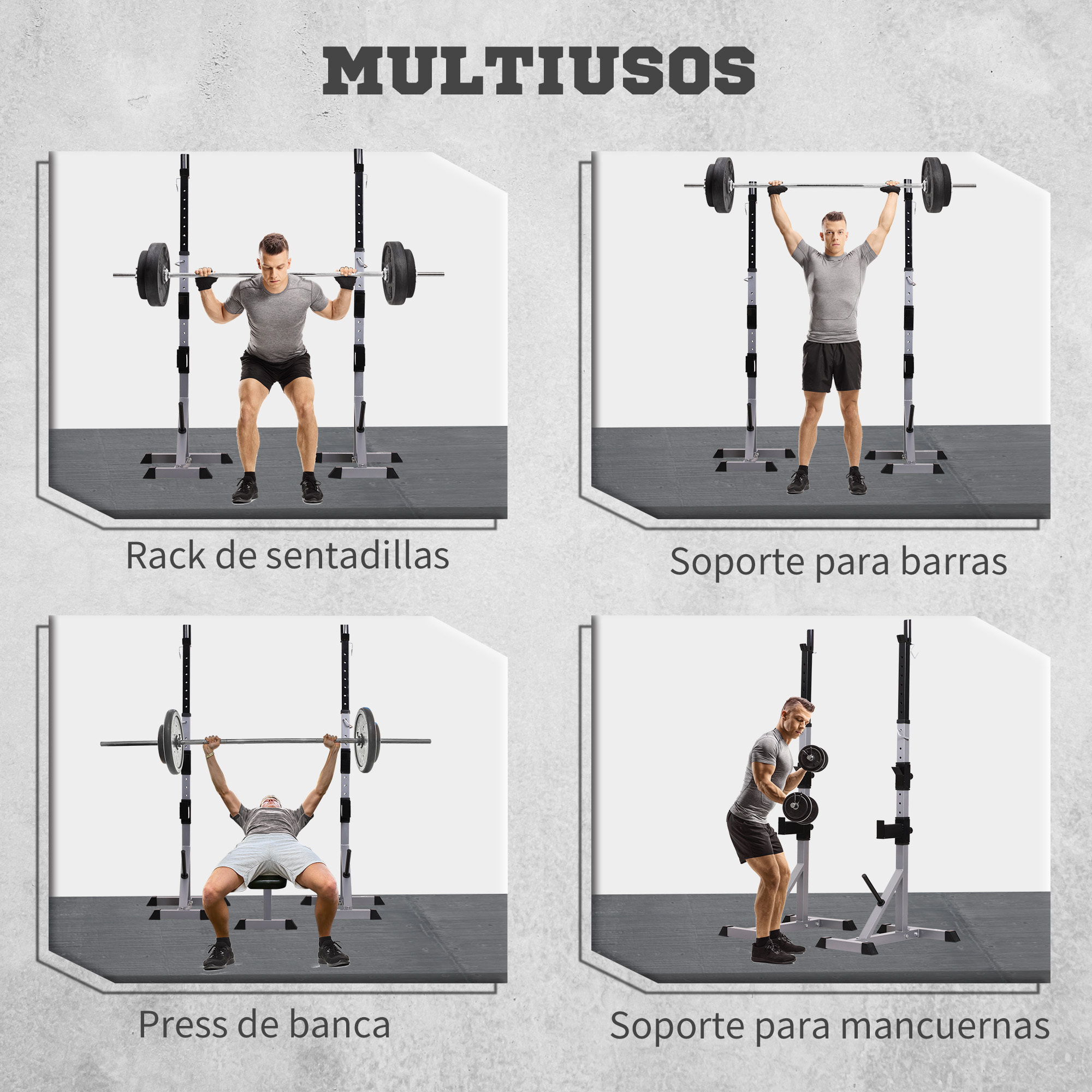 Soporte para Barras de Pesas con Altura Ajustable Rack Musculación con Marco de Acero Carga 200 kg para Entrenamiento en Gimnasio Casa Plata y Negro