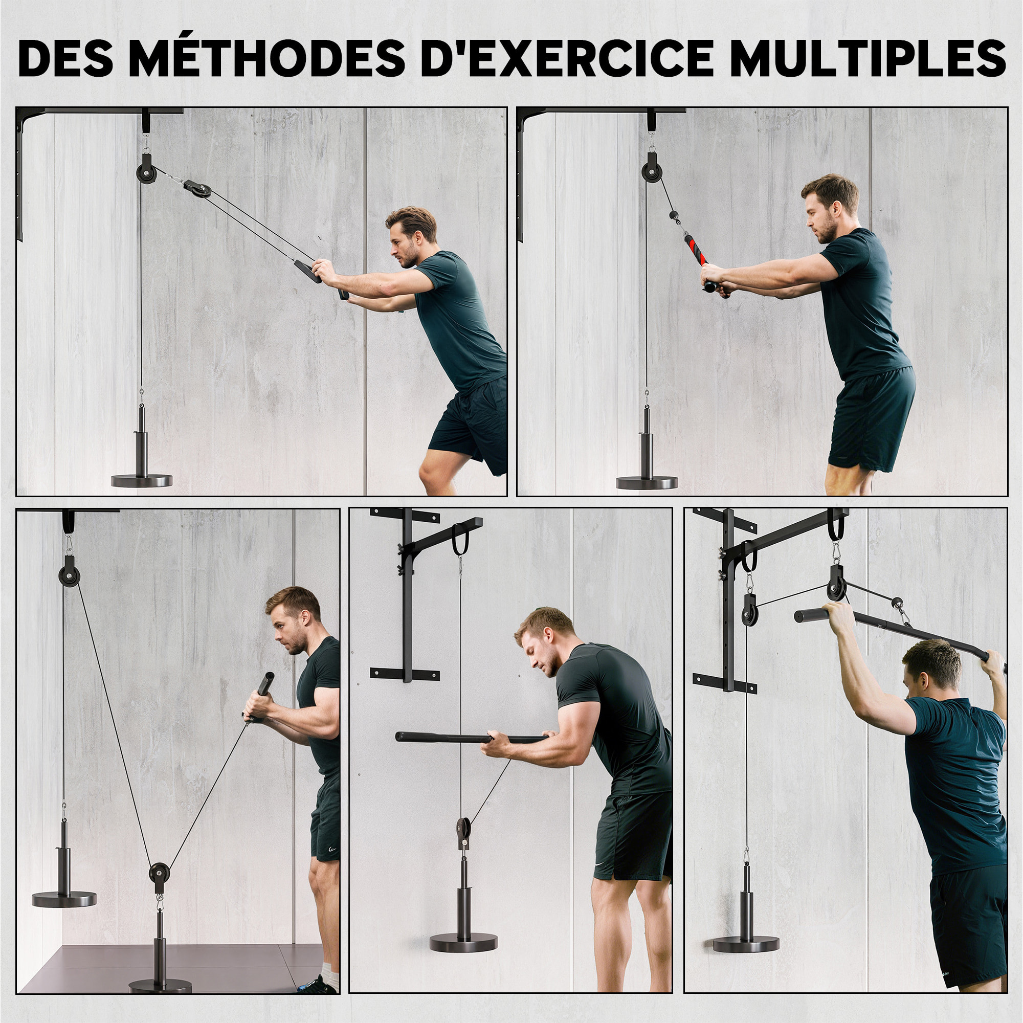 Station de traction murale - machine poulie musculation - LAT pulldown exercices - acier nylon rouge noir