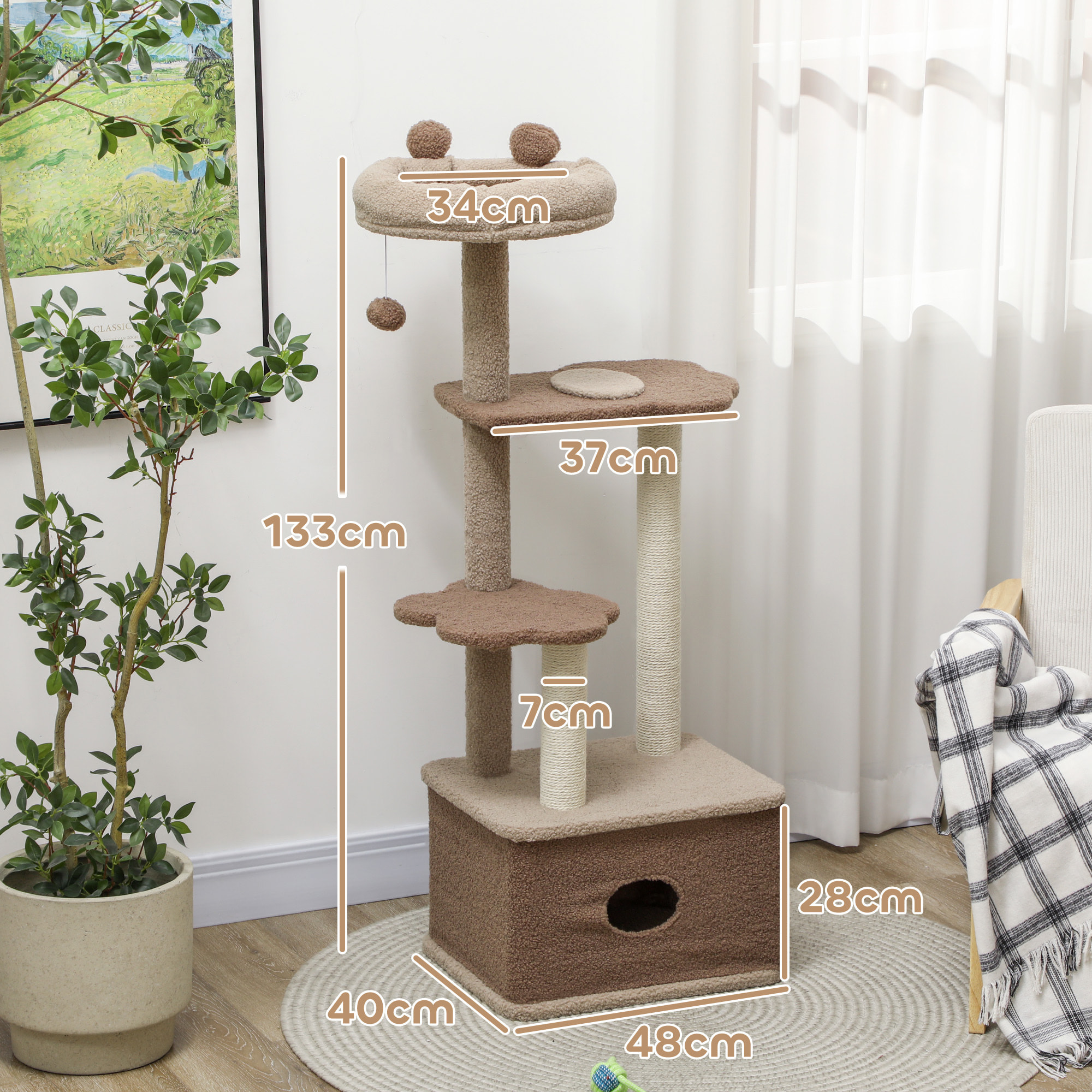 Árbol Rascador para Gatos Altura 133 cm Árbol para Gatos Torre para Gatos con Nido Plataformas Bola Colgante y Poste de Yute Café