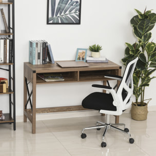 Bureau design industriel grand plateau 2 niches métal noir panneaux particules imitation bois veinage marron