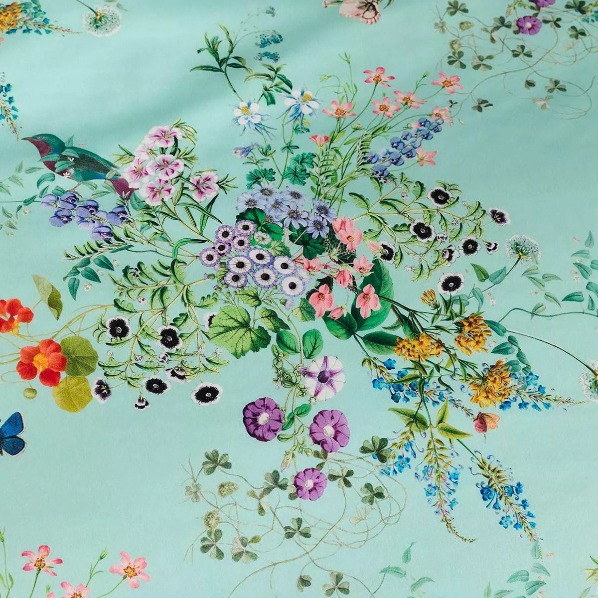 Housse de couette satin de coton 115 g/m² imprimé bleu vert Le printemps azur