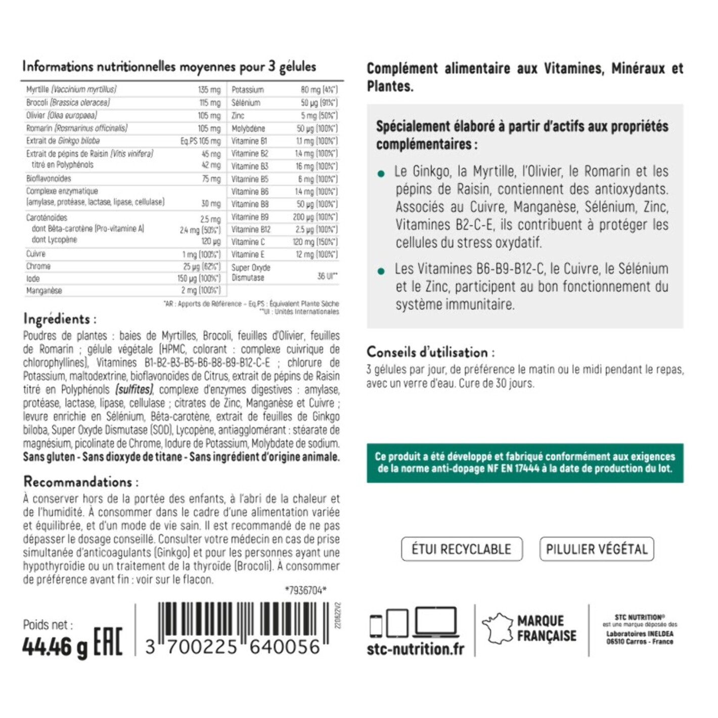 STC NUTRITION - 33 Vitamins & Antioxydants - Formule Complète Synergisée - 11 Vitamines + 8 Minéraux + 6 Phytonutriments - 100% Végan - Conforme à la norme anti-dopage - 90 gélules - Cure de 30 jours