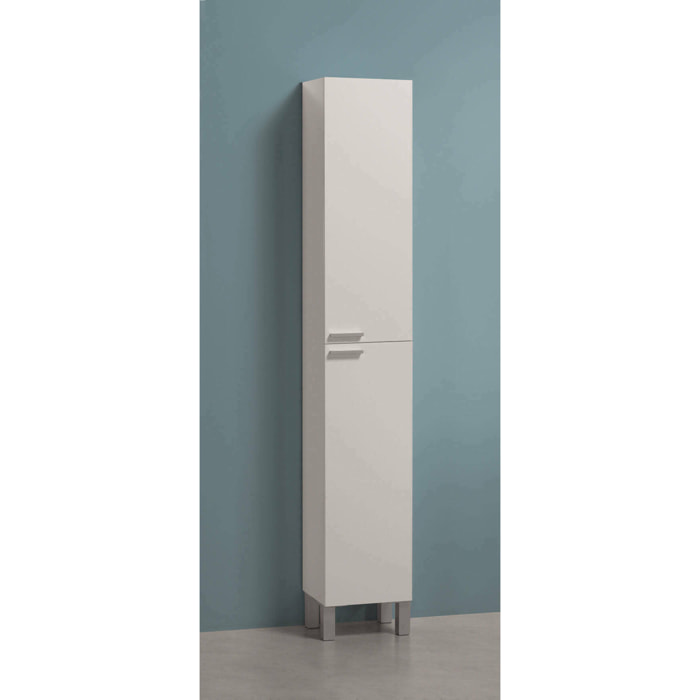 Colonna bagno Hollywood, Mobile a colonna per bagno a 2 ante, Armadio pensile sospeso con 2 ripiani, cm 30x25h182, Bianco lucido