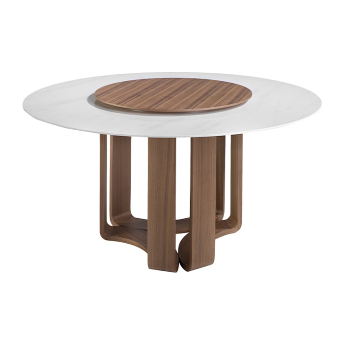 Mesa comedor Angel Cerdá redonda con tapa fija de mármol porcelánico blanco con vetas en gris en acabado brillo 150x150x75cm