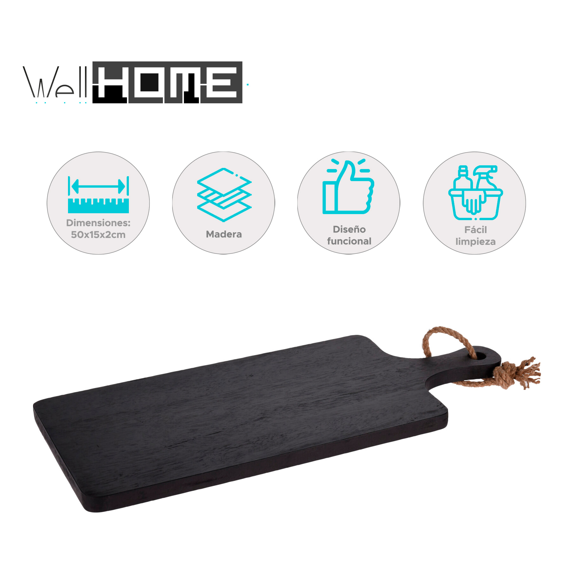 Tabla de cortar con mango de madera de caucho 50x15x2cm