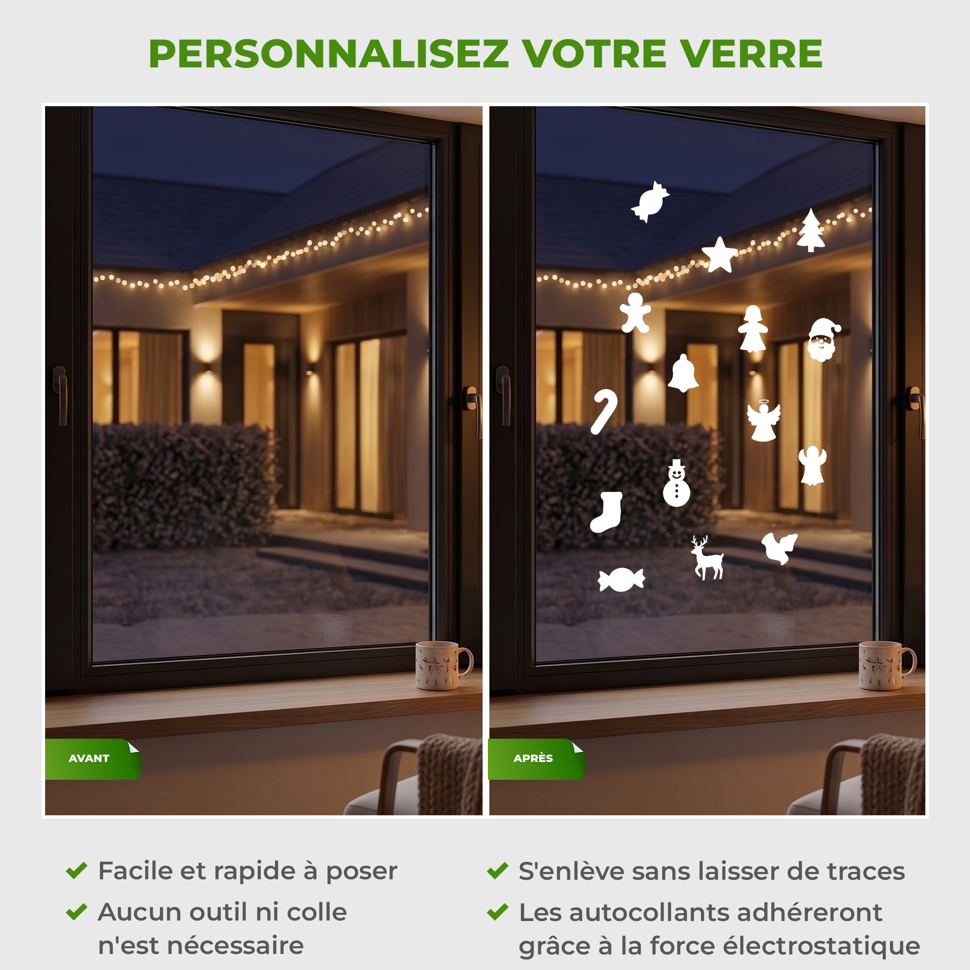 Stickers électrostatiques Noël - Autocollants adhésifs fenêtres noël - décoration fêtes