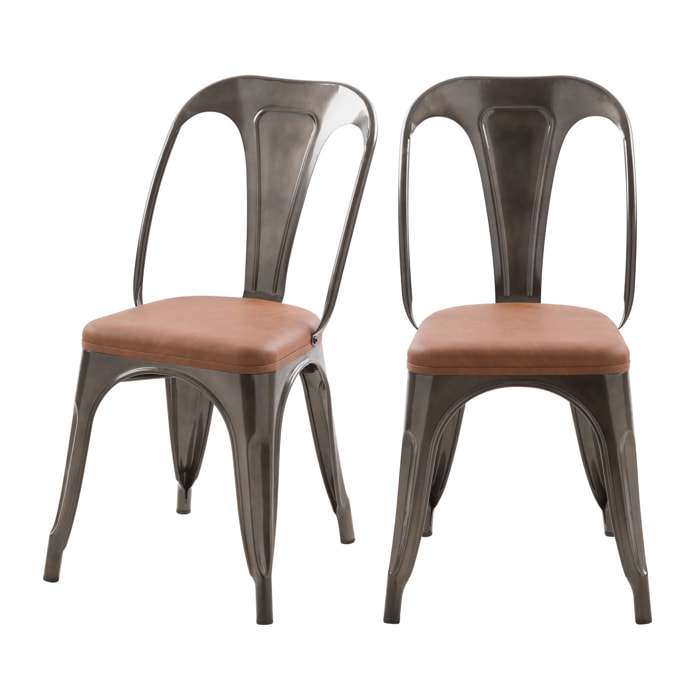 Lot de 2 chaises en métal gris et cuir synthétique marron - Charly