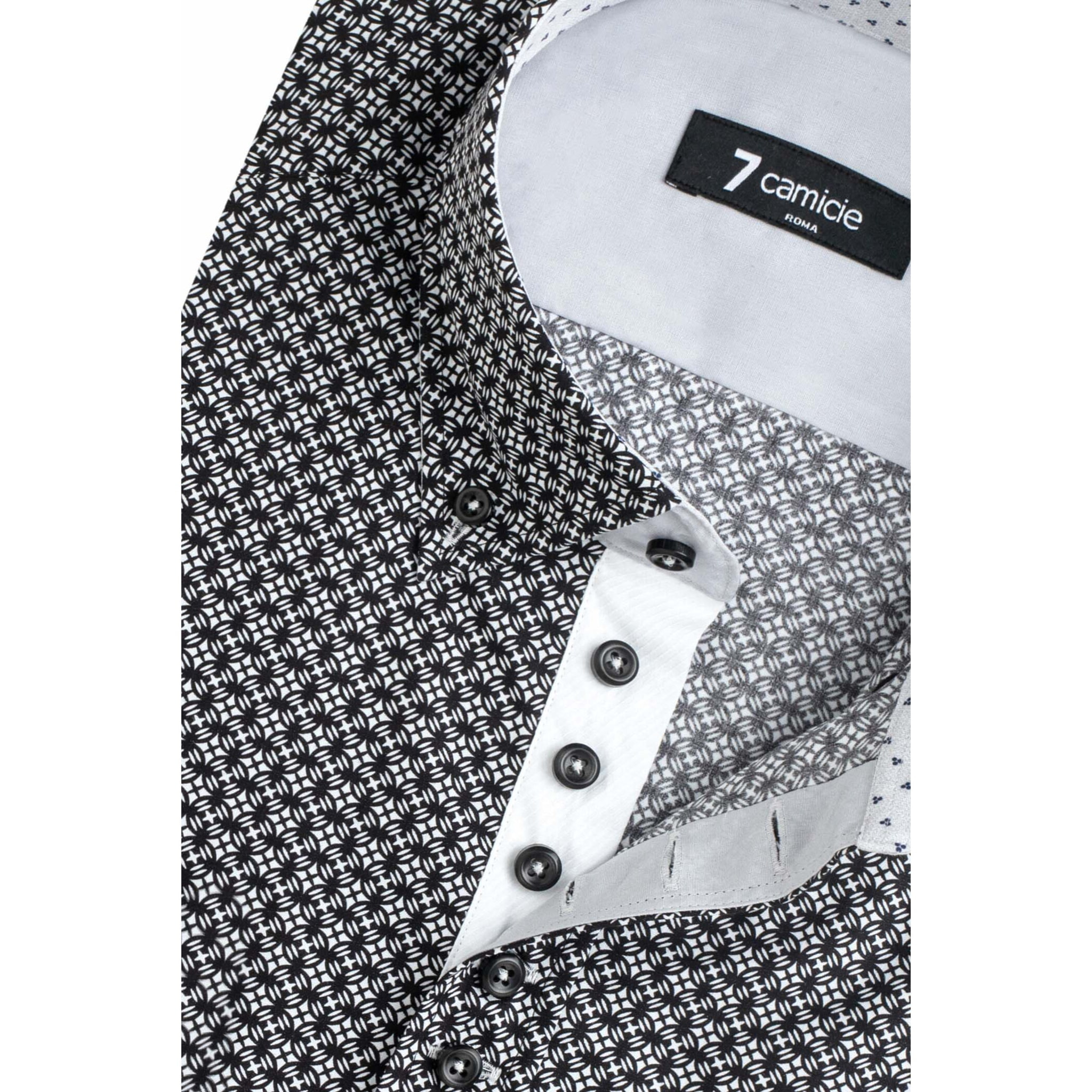 Camicia Uomo 1 Bottoni Button Down Slim Popeline Stampato Nero/Bianco