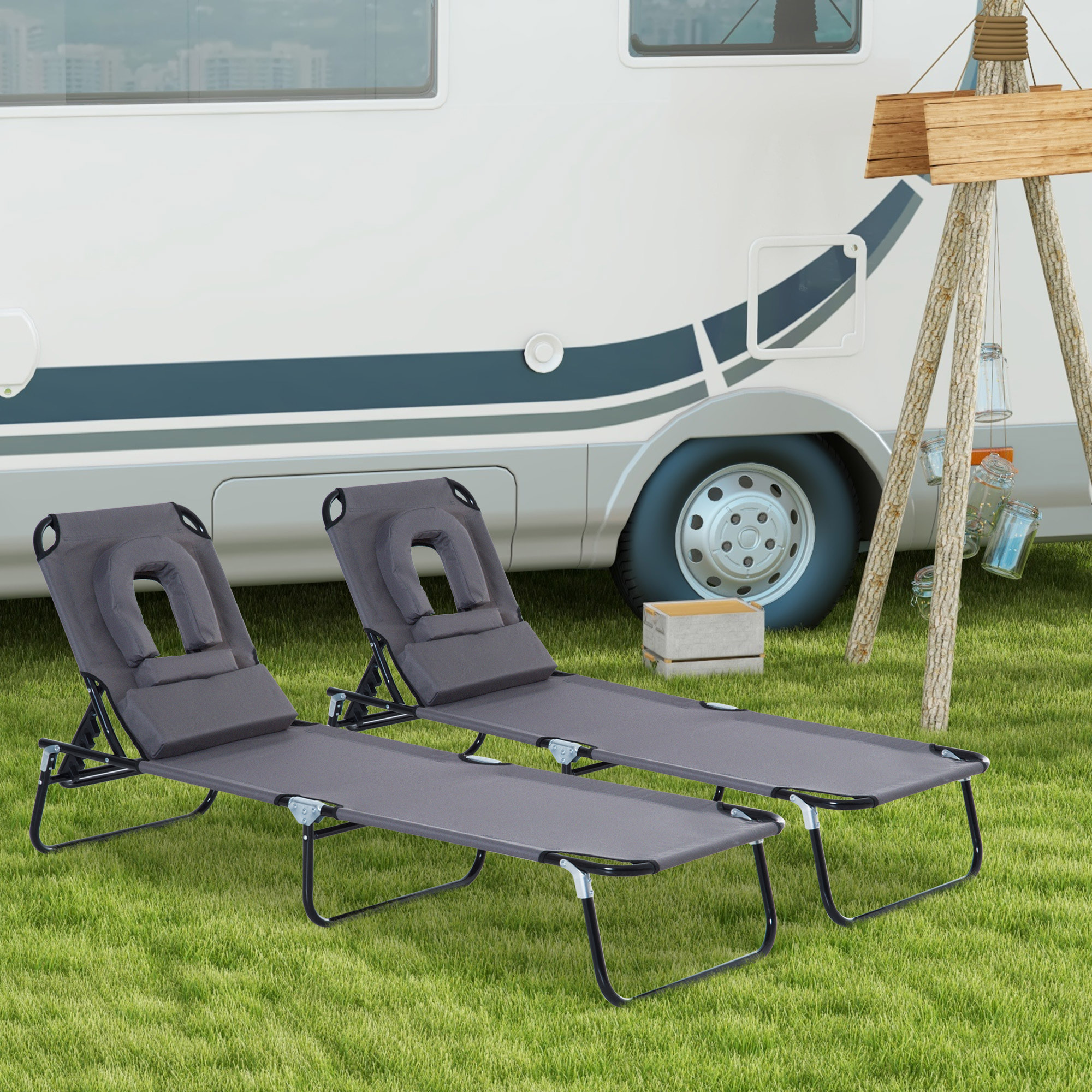 Juego de 2 Tumbonas Plegables Tumbonas de Jardín con Respaldo Ajustable en 4 Posiciones Orificio de Lectura y Almohada para Camping Playa Terraza 190x56x28 cm Gris