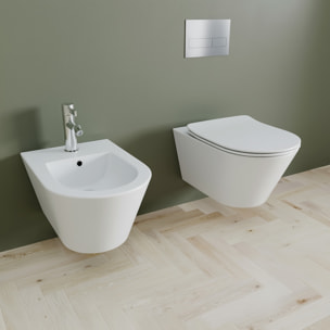 Coppia Sanitari Sospesi Vaso WC Rimless Con Tornado Flush E Bidet Sospeso Moderno Tondo In Ceramica Con Copriwater Chiusura Soft Close Bianco Opaco