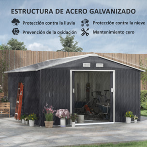 Caseta de Jardín Exterior 12,4 m² 340x386x200 cm Cobertizo de Jardín Exterior Metálico con Puerta Corredera, Base Refuerzo (Suelo NO Incluido) y Ventanas Gris Oscuro