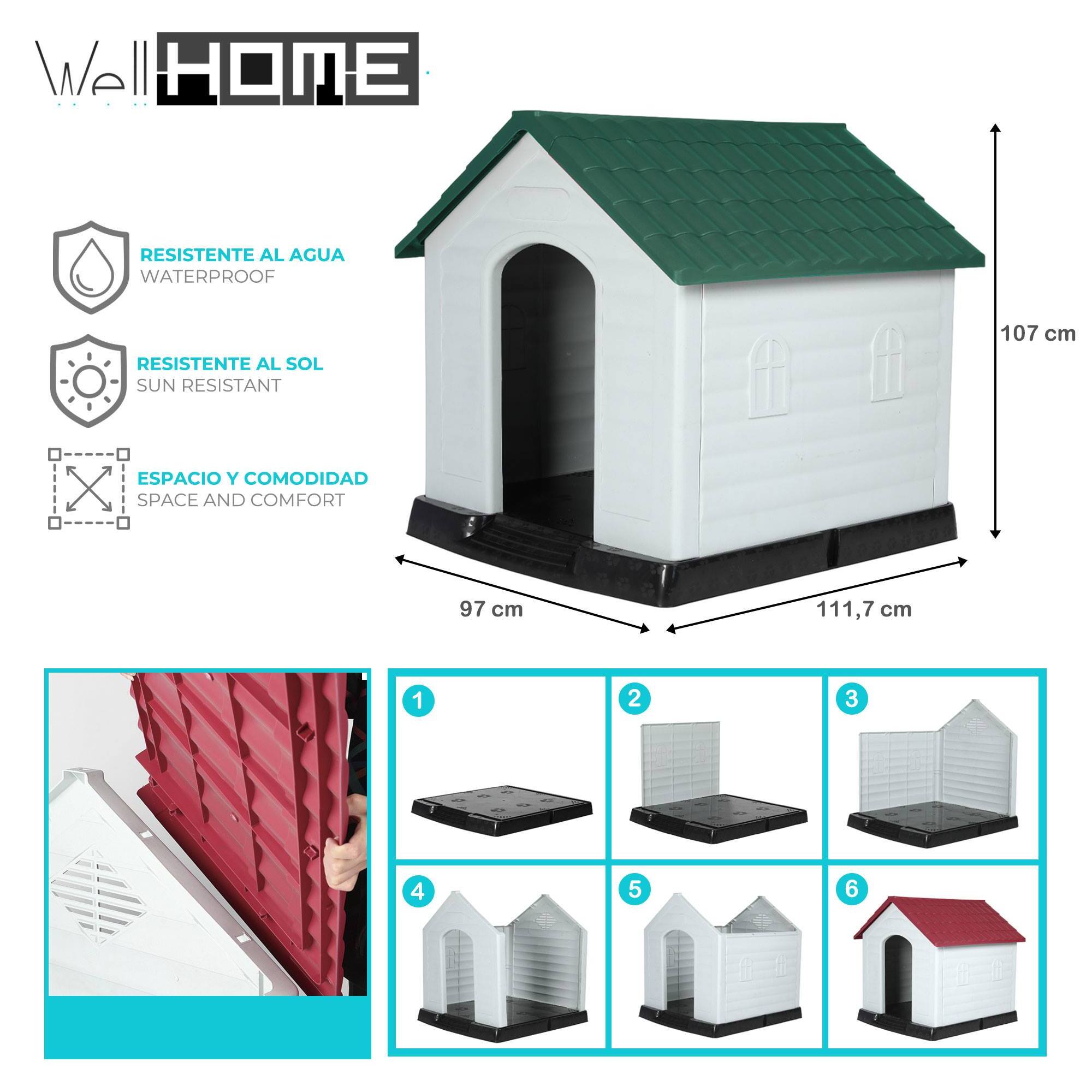 WELL HOME - Caseta para mascotas blanca y negra 107x97x111,7cm Tejado Verde