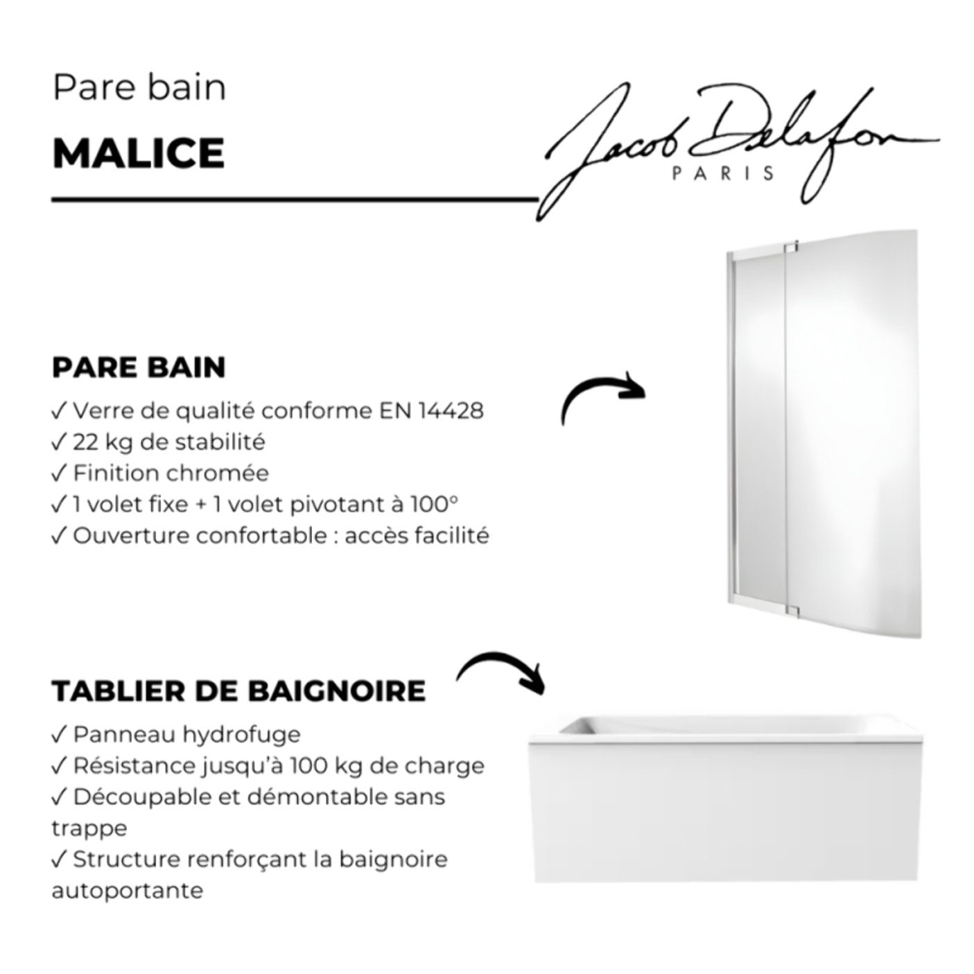 Tablier frontal baignoire rectangulaire + pare bain, blanc brillant Installation en niche