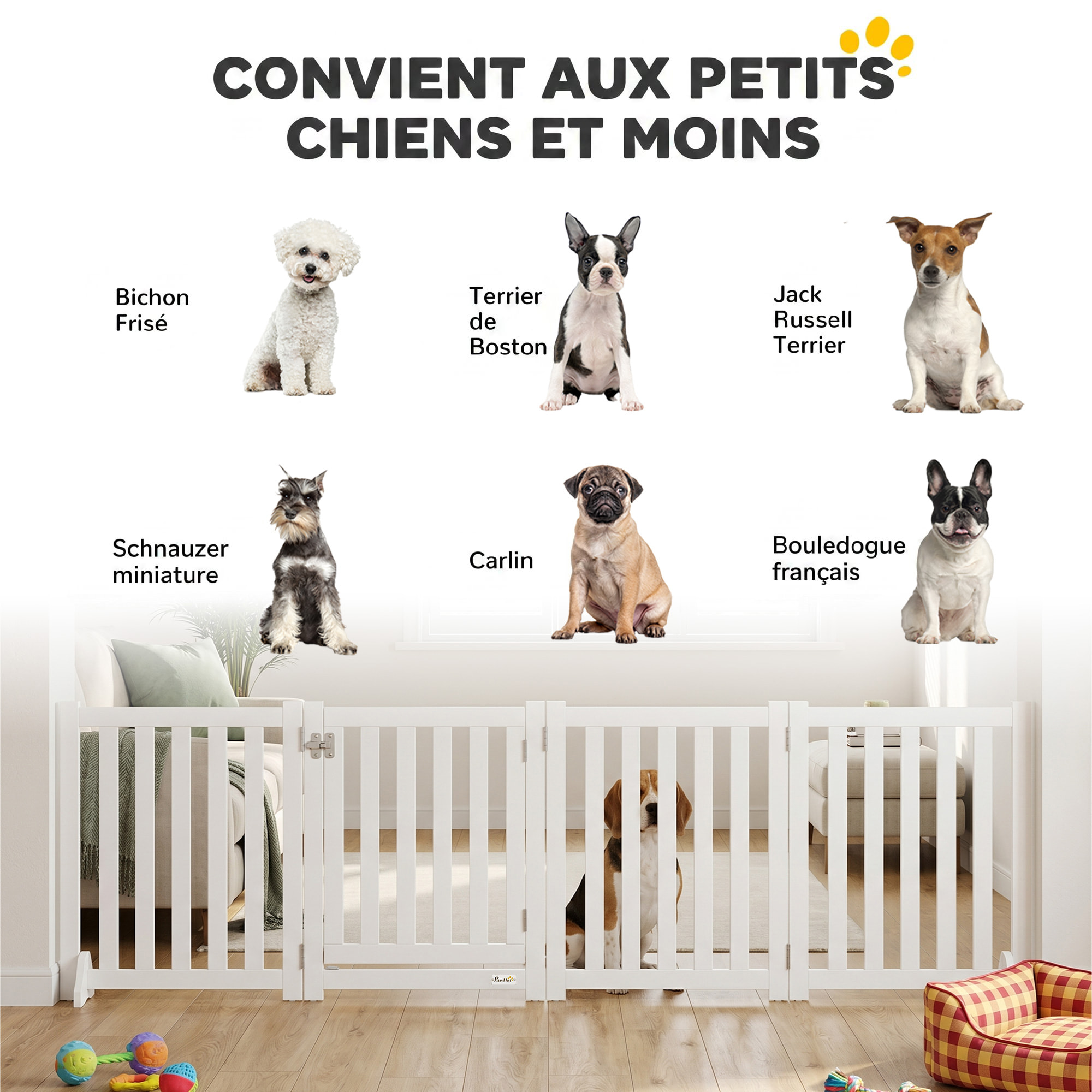 Barrière de sécurité chien pliable modulable autoportante avec porte max. 205 x 60 cm MDF blanc