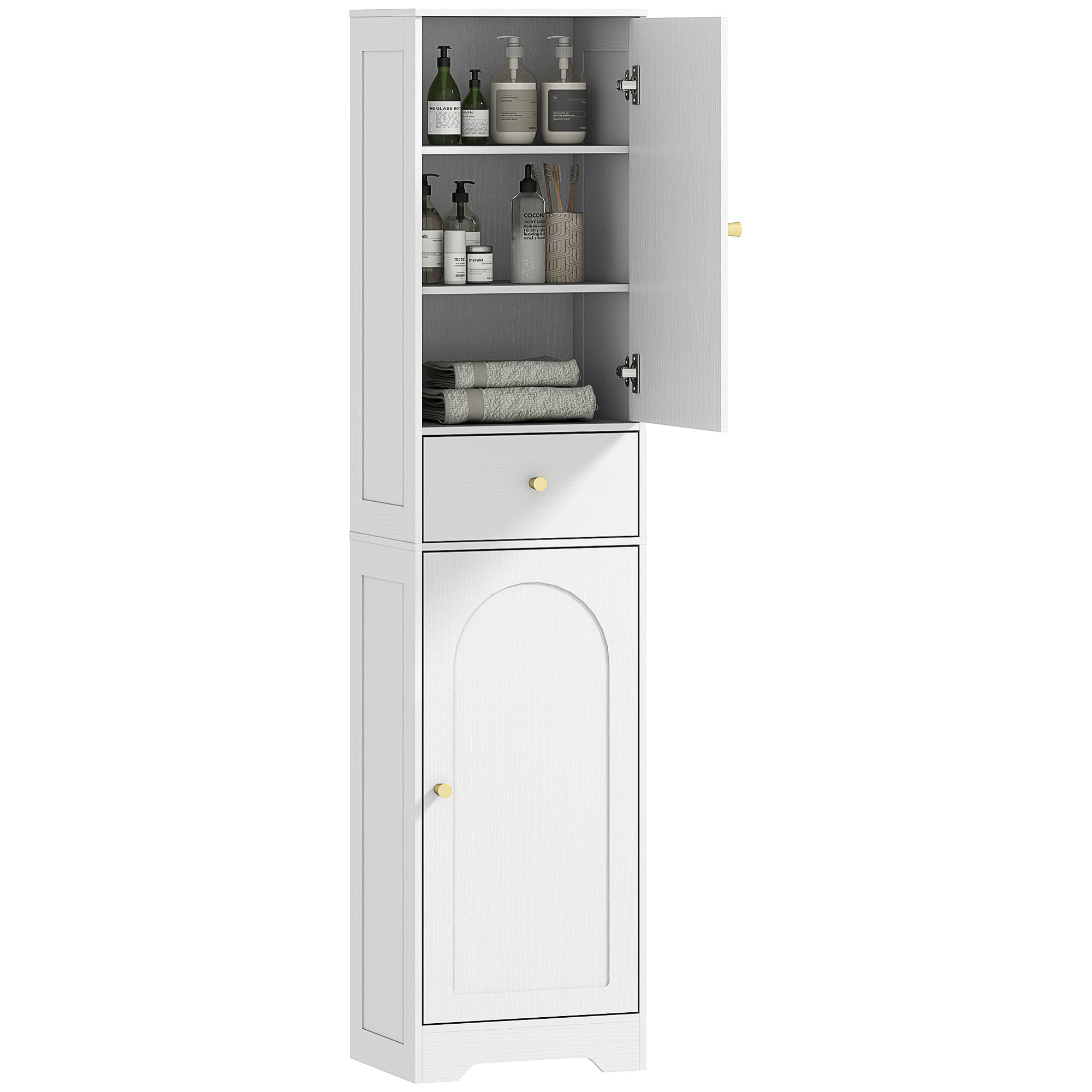 Armario Alto de Baño Estrecho con 2 Puertas Arqueadas Cajón y Estantes Ajustables Columna de Baño Estilo Moderno para Salón Aseo Cocina 40x29,5x170 cm Blanco Veteado