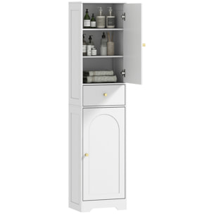Armario Alto de Baño Estrecho con 2 Puertas Arqueadas Cajón y Estantes Ajustables Columna de Baño Estilo Moderno para Salón Aseo Cocina 40x29,5x170 cm Blanco Veteado
