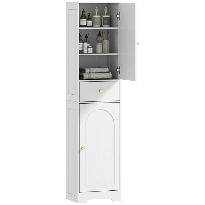 Armario Alto de Baño Estrecho con 2 Puertas Arqueadas Cajón y Estantes Ajustables Columna de Baño Estilo Moderno para Salón Aseo Cocina 40x29,5x170 cm Blanco Veteado