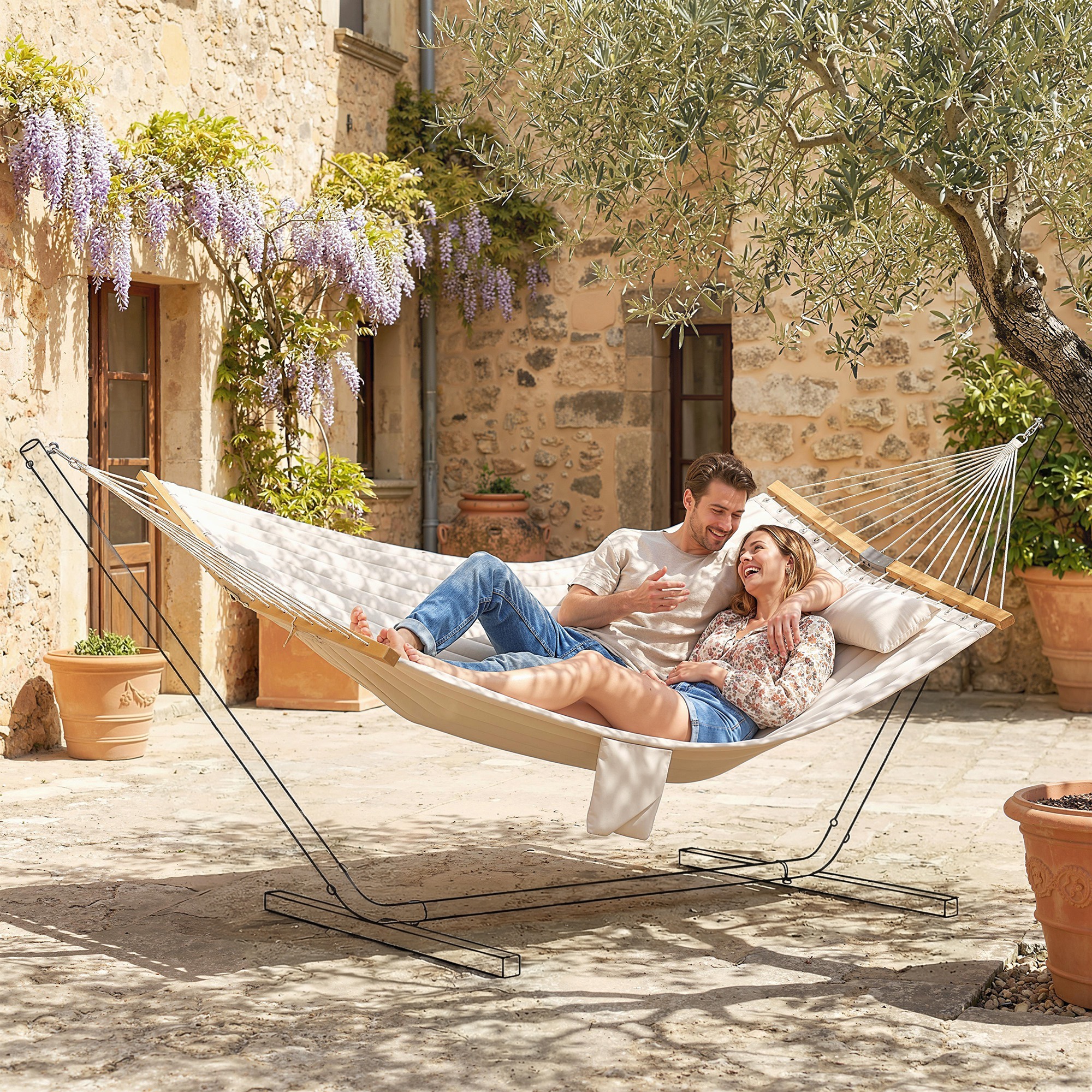 Hamaca Acolchada, Hamaca de Jardín Portátil con Almohada Desmontable, Bolsillo para Revistas, Barras Curvadas de Madera, Carga 200 kg, para Patio, Terraza, 325x140 cm, Crema