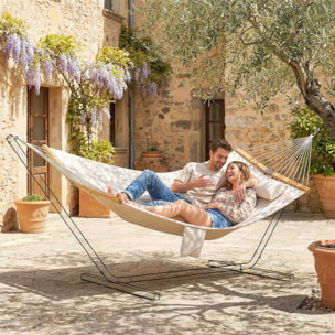 Hamaca Acolchada, Hamaca de Jardín Portátil con Almohada Desmontable, Bolsillo para Revistas, Barras Curvadas de Madera, Carga 200 kg, para Patio, Terraza, 325x140 cm, Crema