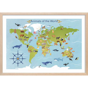 Affiche enfant animaux du monde  Affiche + cadre en bois - Chêne