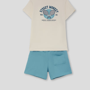 Conjunto Camiseta con Texto Tennis Club en el Pecho y Shorts Lisos Estilo Casual Deportivo | Color: Crudo | Street Monkey