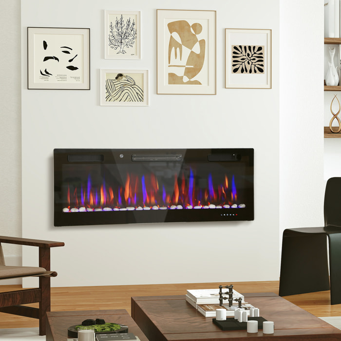 Chimenea Eléctrica Ultrafina de Pared y Empotrable con Llama 3D, Chimenea Decorativa, Brillo/Velocidad Ajustable, 12 Colores, Guijarros, 900/1800W, Temporizador, Termostato, Control Remoto