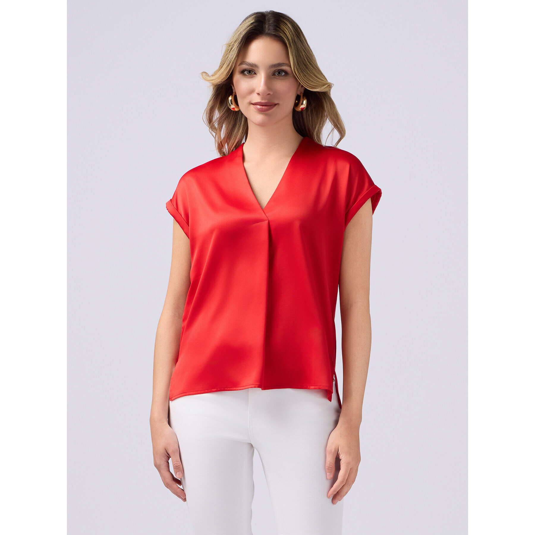 Oltre - T-shirt bimaterica scollo a V - Rosso