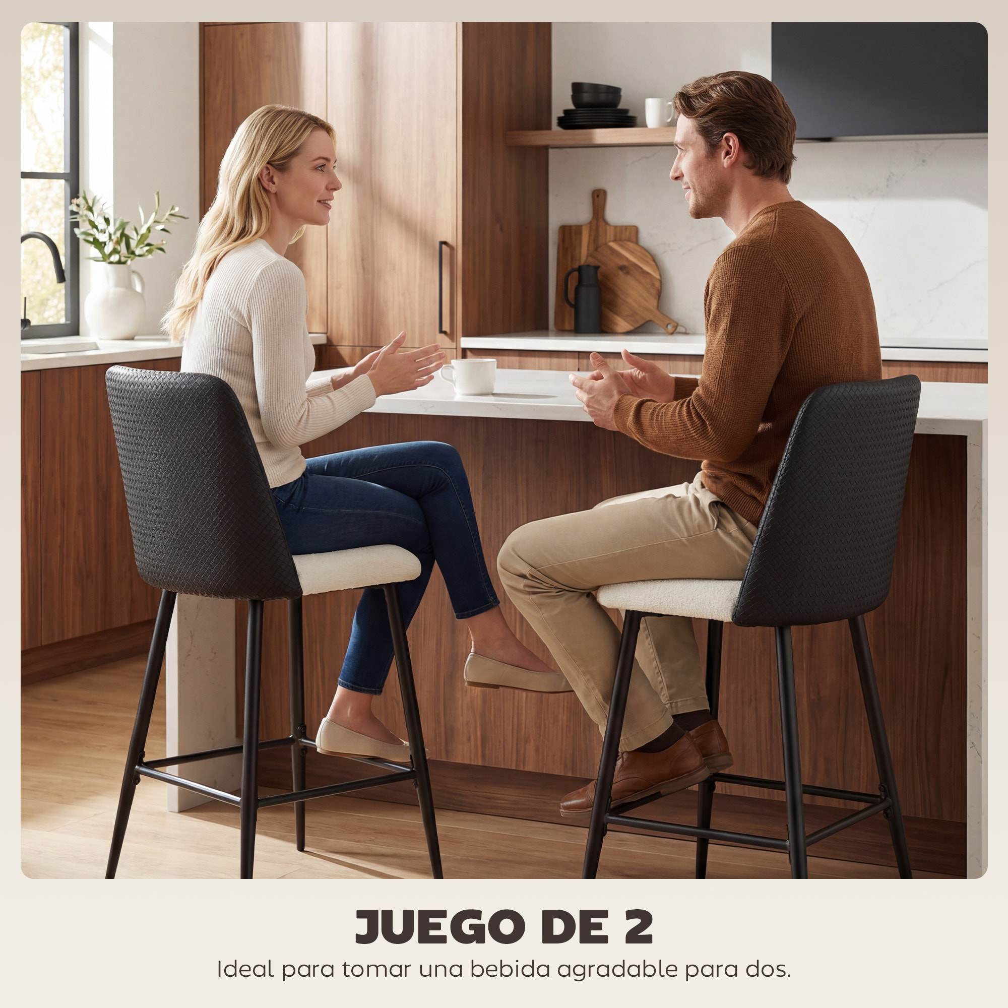 Juego de 2 Taburetes de Bar, Taburetes Altos de Cocina con Respaldo y Reposapiés, Tapizados de Lino y PU, Marco de Acero, Asiento de 65 cm de Altura, para Mostrador, Comedor, Negro