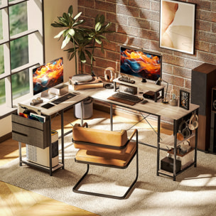 Bureau d'angle modulable réversible style industriel - nombreux rangements - acier noir effet bois naturel